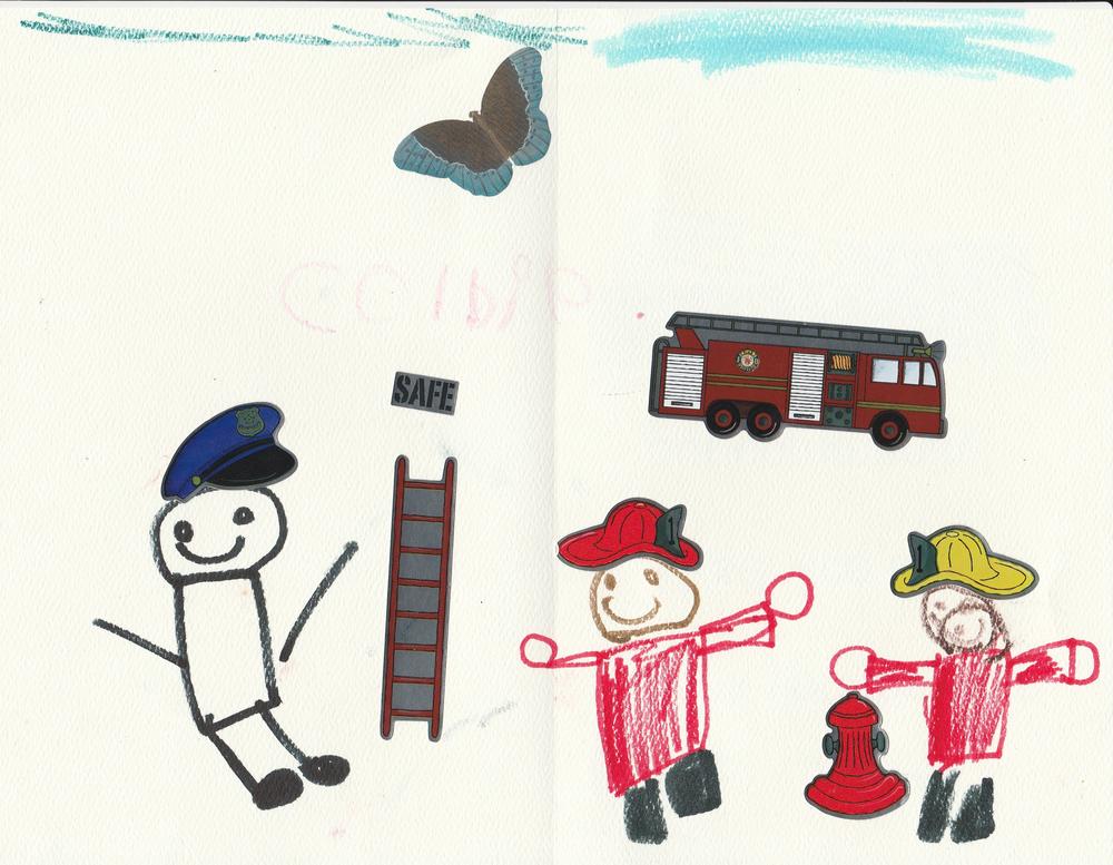 Children's art piece of police officer and fire fighters