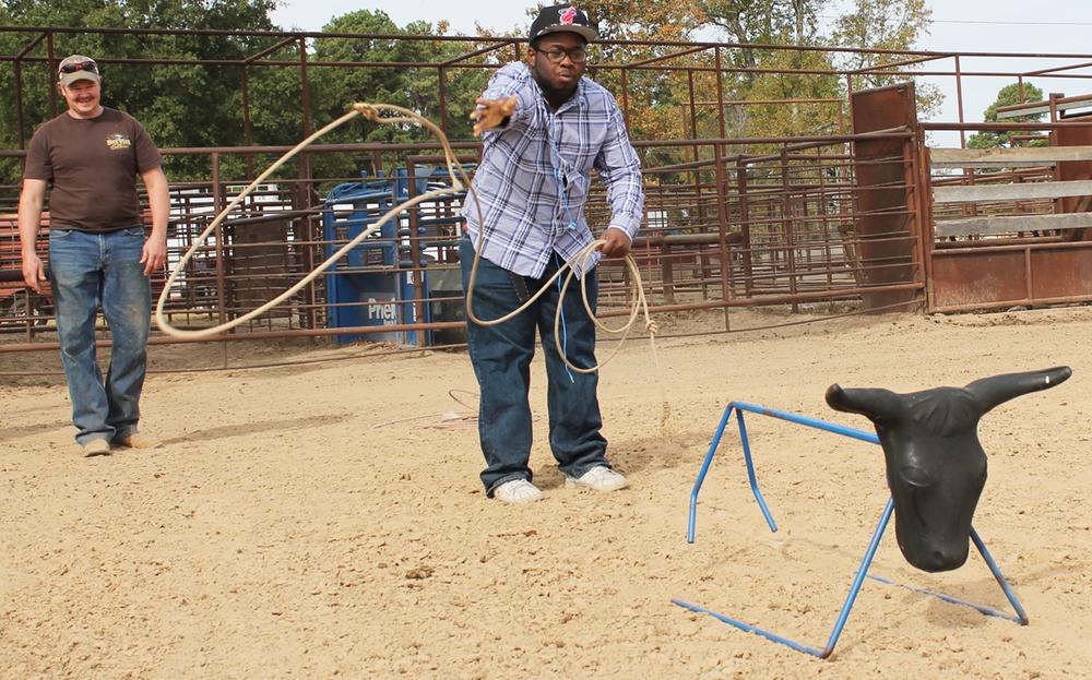 Man throwing a rope around a fake cow