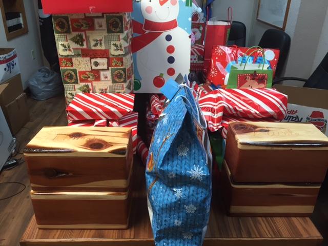 Closeup of christmas bags and boxes on table